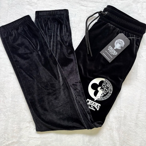 Crooks & Castles Pants - CROOKS & CASTLES Black Velour Drawstring Waist Joggers--L